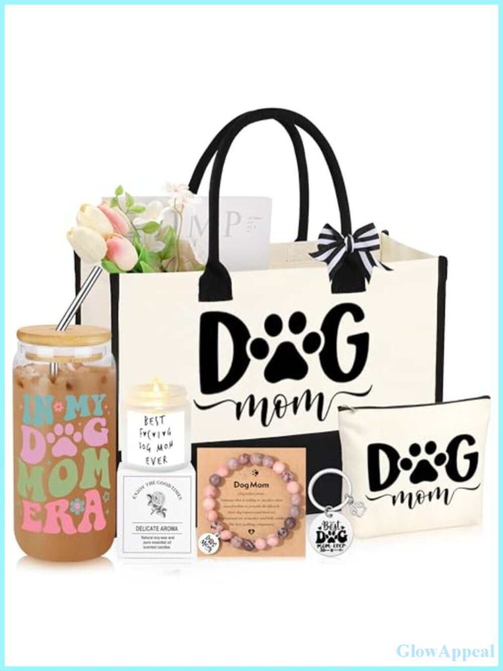 Dog Mom Gift Set Canvas Tote Bag with Makeup Bag Bracelet Candle